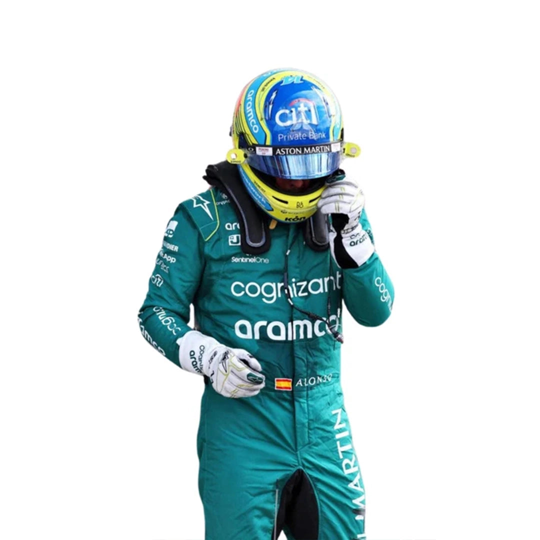 Front view of Fernando Alonso 2023 Miami GP Aston Martin inspired go-kart racing suit in green displayed on mannequin studio setup.