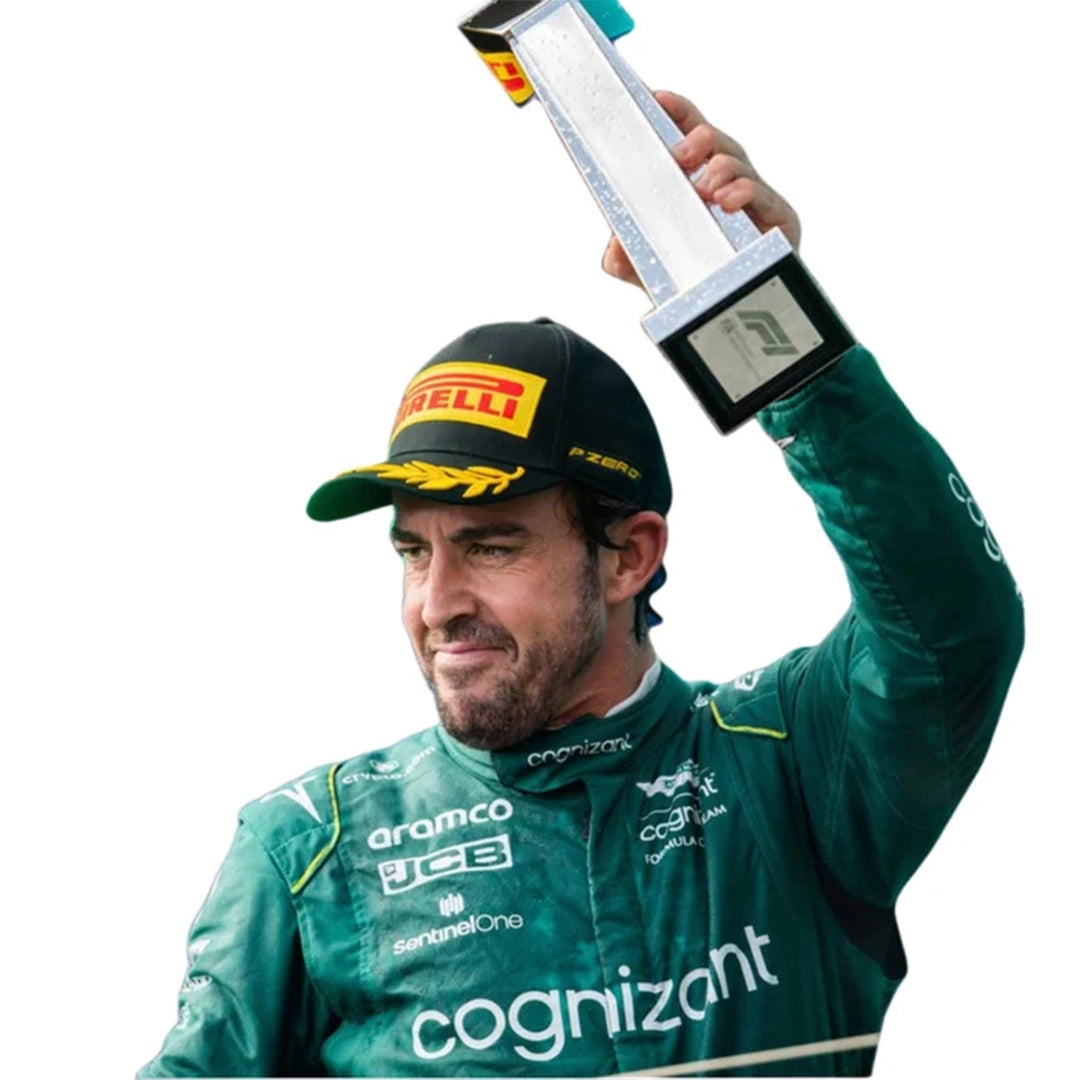 Front view of Fernando Alonso 2023 Miami GP Aston Martin inspired go-kart racing suit in green displayed on mannequin studio setup.