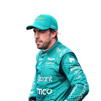 Front view of Fernando Alonso 2023 Miami GP Aston Martin inspired go-kart racing suit in green displayed on mannequin studio setup.