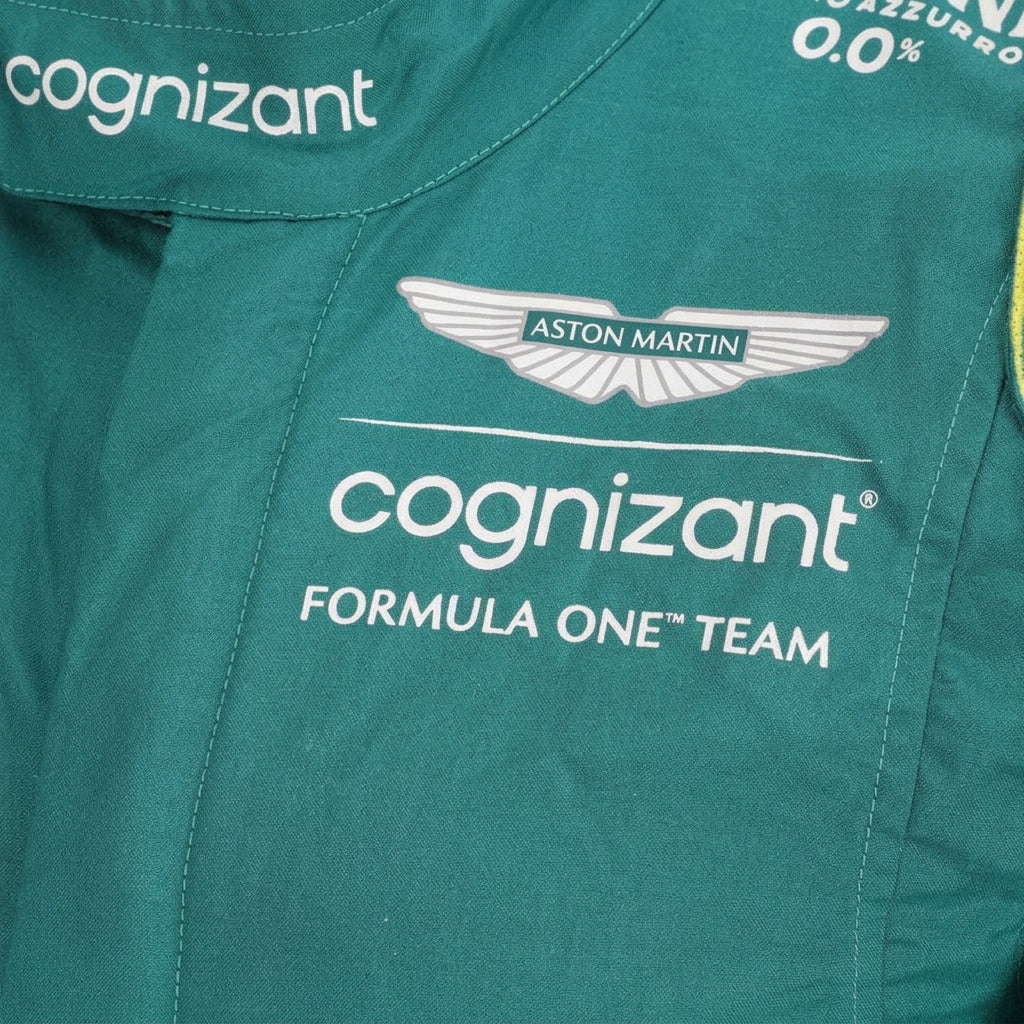 Front view of Fernando Alonso 2023 Miami GP Aston Martin inspired go-kart racing suit in green displayed on mannequin studio setup.