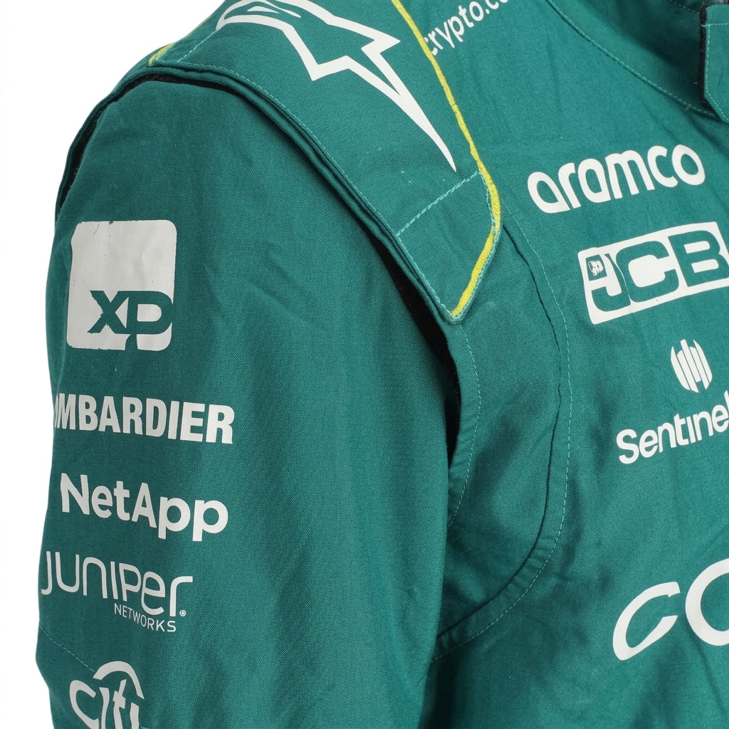Front view of Fernando Alonso 2023 Miami GP Aston Martin inspired go-kart racing suit in green displayed on mannequin studio setup.