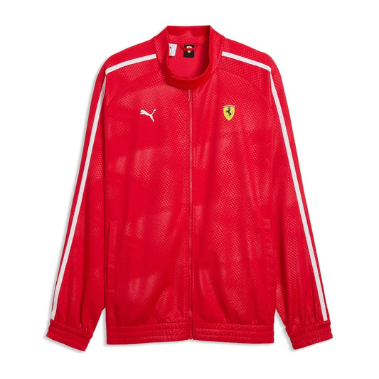Red sports jacket with white stripes and logos on a white background