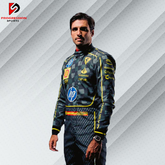 2025 Carlos Sainz Ferrari F1 race suit with HP carbon fibre-inspired design featuring dark tones and official sponsor logos

