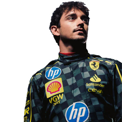 Person wearing a racing suit with various sponsor logos on a white background
