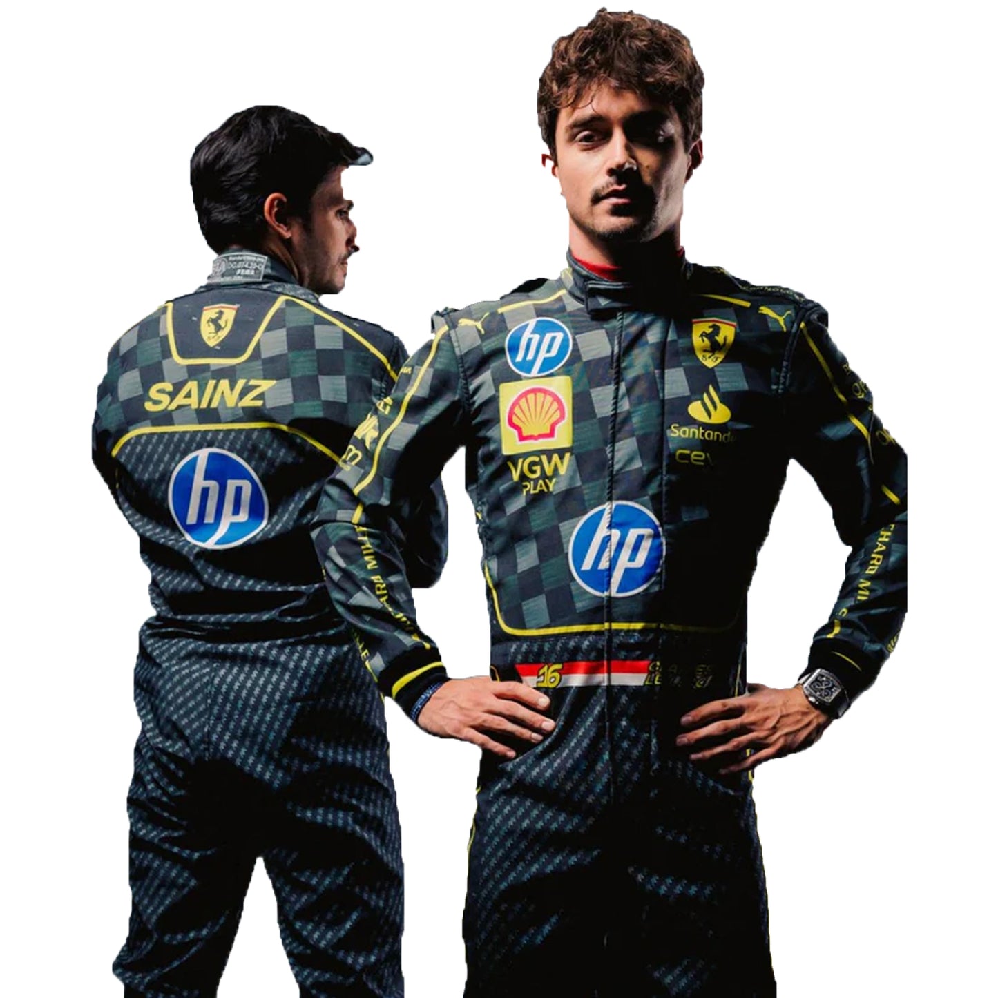 Two individuals wearing checkered racing suits with various sponsor logos on a white background