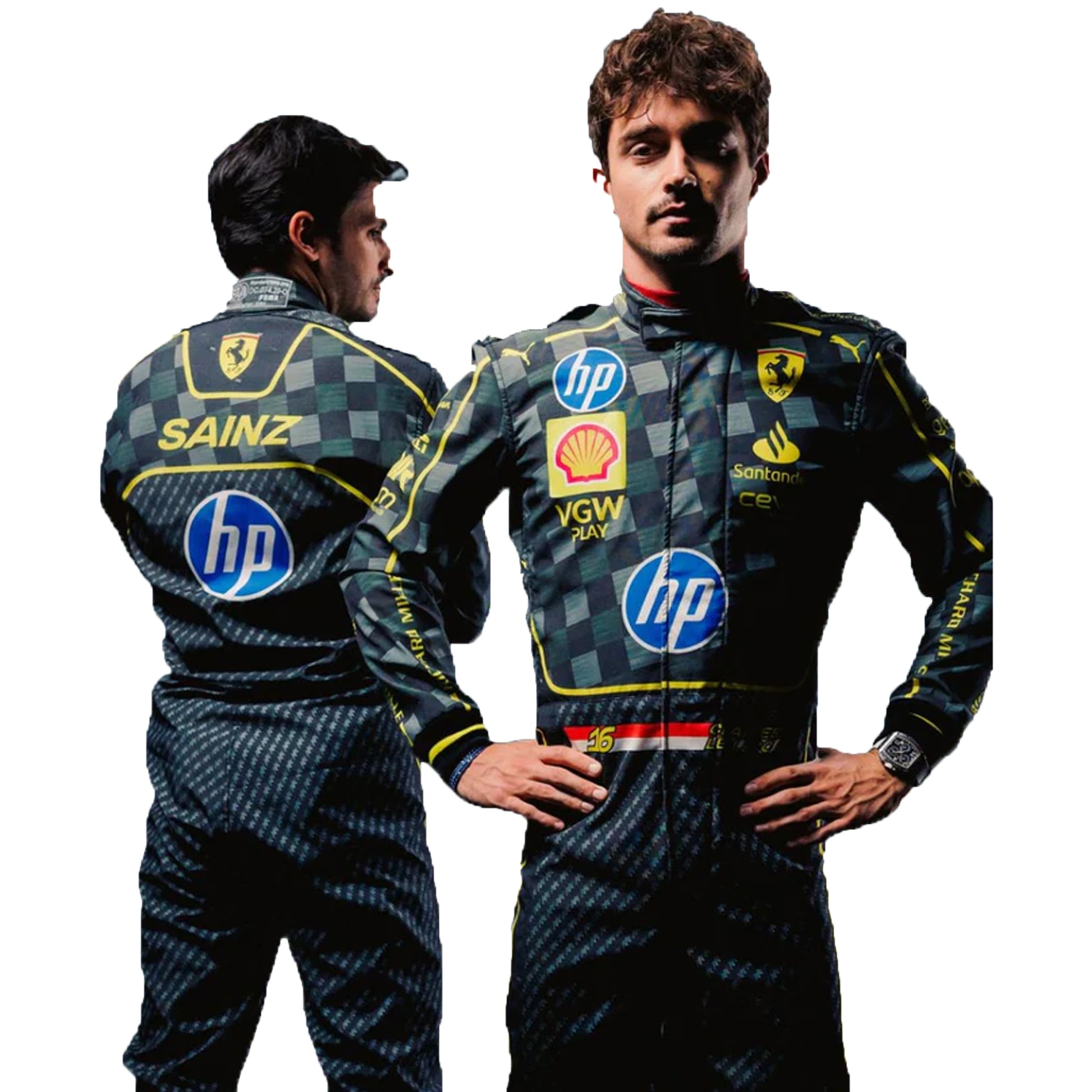 Two individuals wearing checkered racing suits with various sponsor logos on a white background
