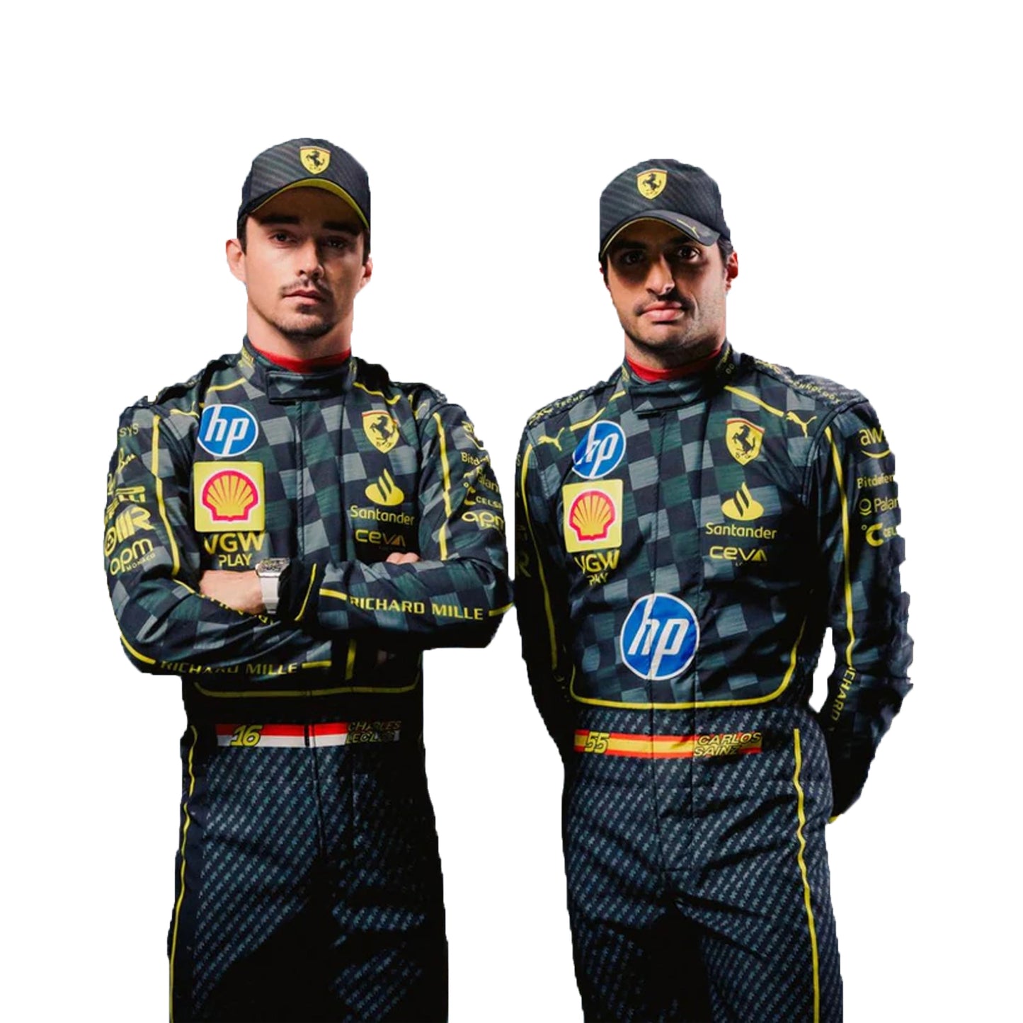 Two individuals wearing matching racing suits with various sponsor logos on a white background