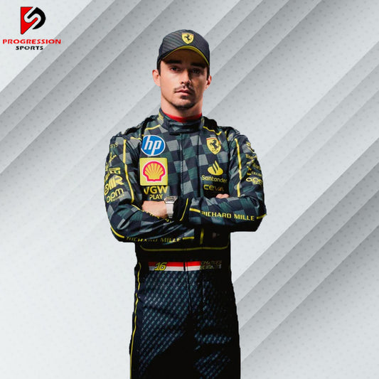 2025 Charles Leclerc Ferrari F1 race suit with HP carbon fibre-inspired dark livery and official Scuderia Ferrari sponsor logos

