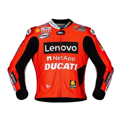 Francesco Bagnaia MotoGP racing jacket Ducati 2021 front view in red and black leather with Ducati Lenovo sponsor logos