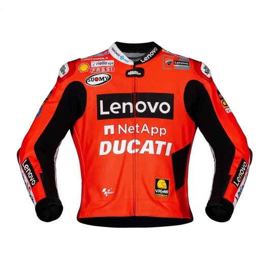 Francesco Bagnaia MotoGP racing jacket Ducati 2021 front view in red and black leather with Ducati Lenovo sponsor logos