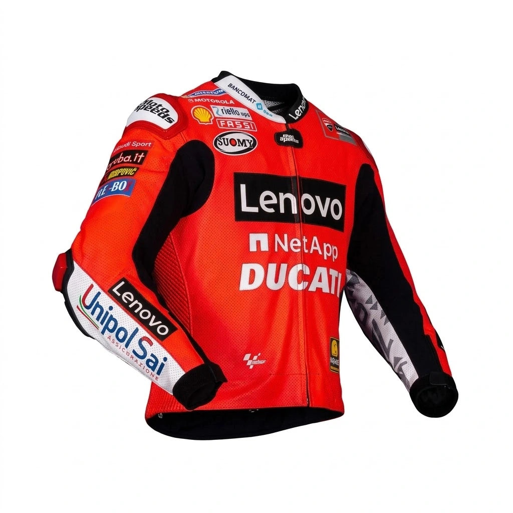Francesco Bagnaia MotoGP racing jacket Ducati 2021 front view in red and black leather with Ducati Lenovo sponsor logos