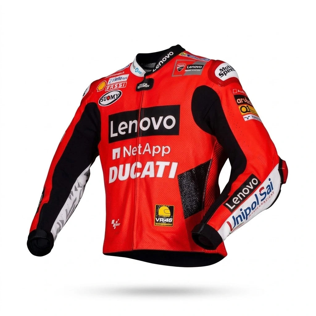 Francesco Bagnaia MotoGP racing jacket Ducati 2021 front view in red and black leather with Ducati Lenovo sponsor logos