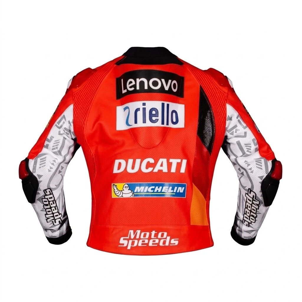 Francesco Bagnaia MotoGP racing jacket Ducati 2021 front view in red and black leather with Ducati Lenovo sponsor logos