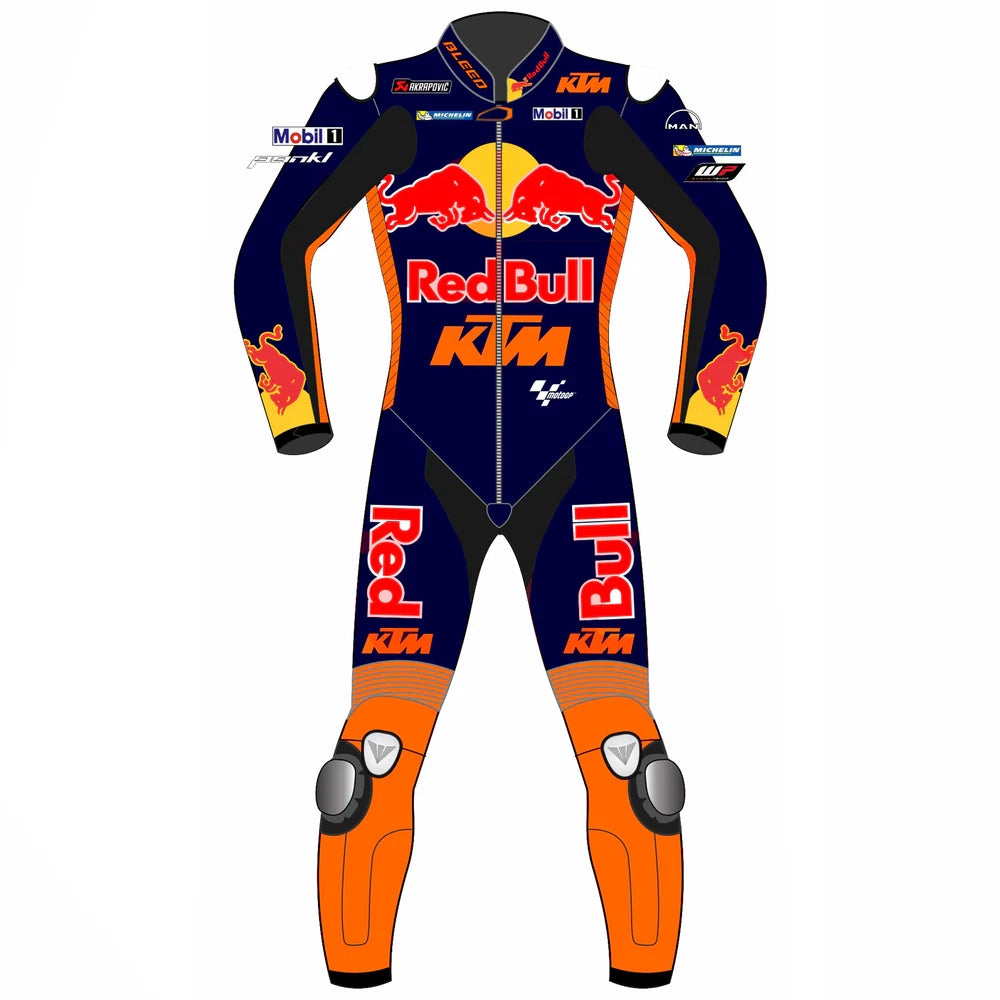 2023 Jack Miller KTM MotoGp leather racing suit front view showing navy orange red bull livery and CE armor points