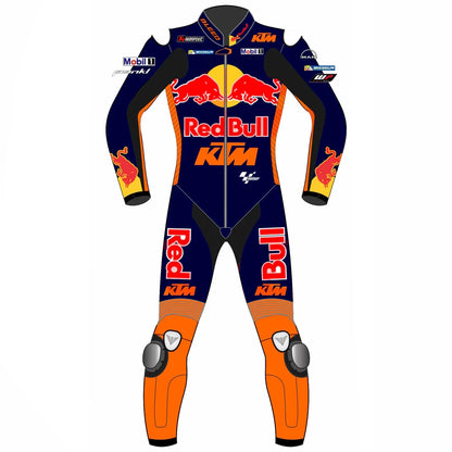 2023 Jack Miller KTM MotoGp leather racing suit front view showing navy orange red bull livery and CE armor points