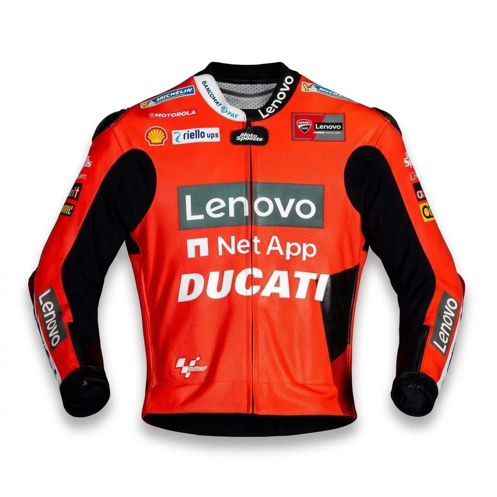 Jack Miller MotoGP leather racing jacket Ducati 2021 front view in red and black leather with Ducati Lenovo sponsor logos