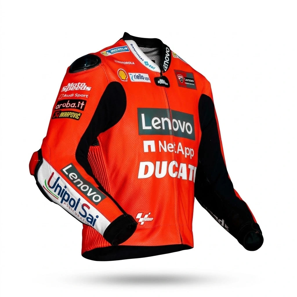 Jack Miller MotoGP leather racing jacket Ducati 2021 front view in red and black leather with Ducati Lenovo sponsor logos