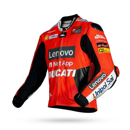 Jack Miller MotoGP leather racing jacket Ducati 2021 front view in red and black leather with Ducati Lenovo sponsor logos