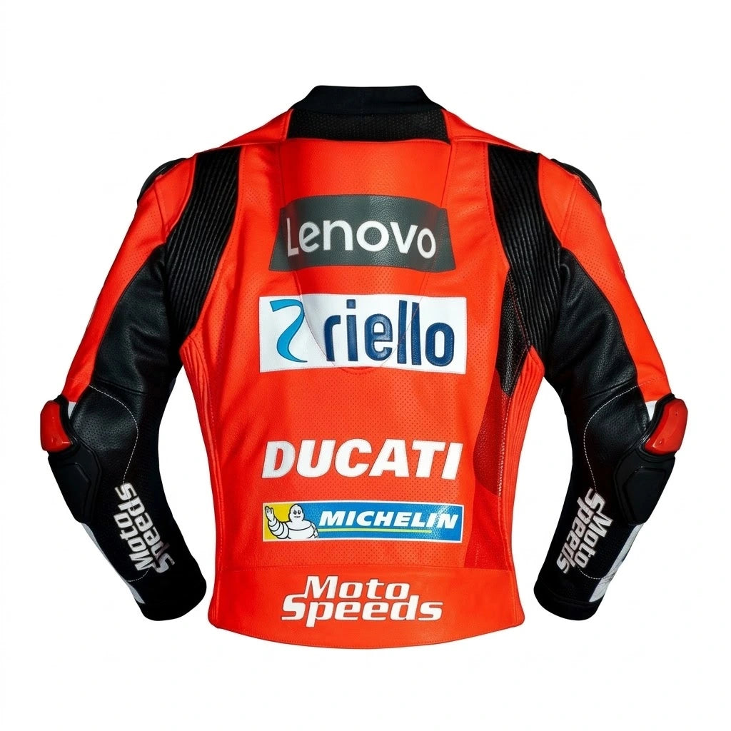 Jack Miller MotoGP leather racing jacket Ducati 2021 front view in red and black leather with Ducati Lenovo sponsor logos