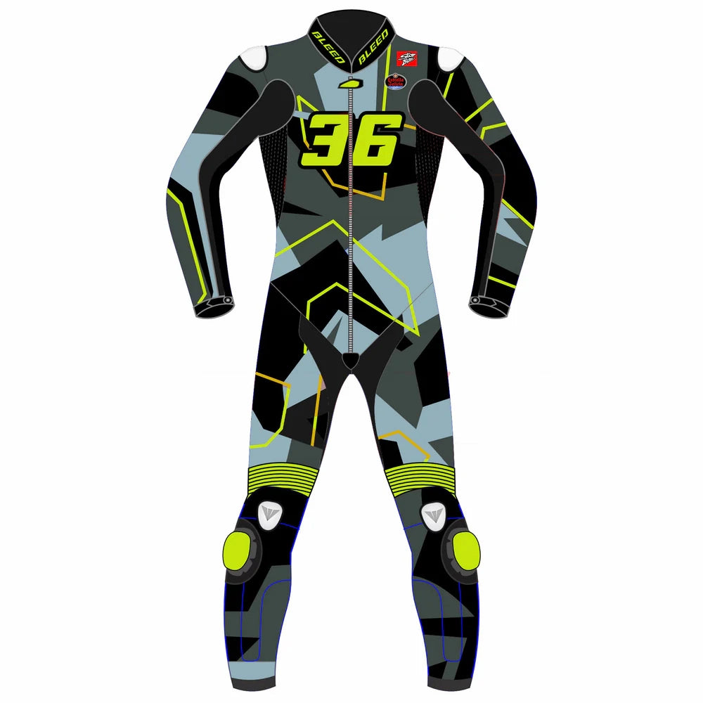 2023 Joan Mir Honda Winter Test MotoGp leather suit front view featuring grey camo design with hi-vis yellow accents and CE armor