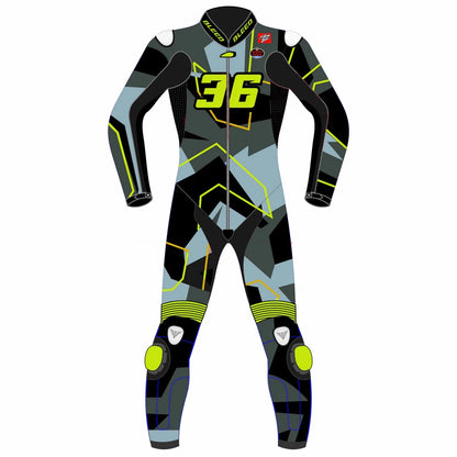 2023 Joan Mir Honda Winter Test MotoGp leather suit front view featuring grey camo design with hi-vis yellow accents and CE armor