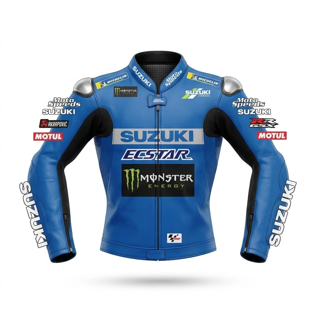 Joan Mir Suzuki GSXR MotoGP racing jacket 2021 front view in blue and silver leather with Ecstar and Monster Energy sponsor logos