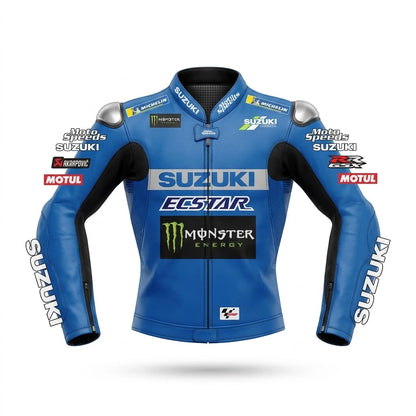 Joan Mir Suzuki GSXR MotoGP racing jacket 2021 front view in blue and silver leather with Ecstar and Monster Energy sponsor logos