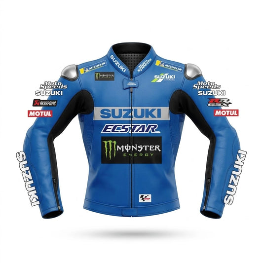 Joan Mir Suzuki GSXR MotoGP racing jacket 2021 front view in blue and silver leather with Ecstar and Monster Energy sponsor logos