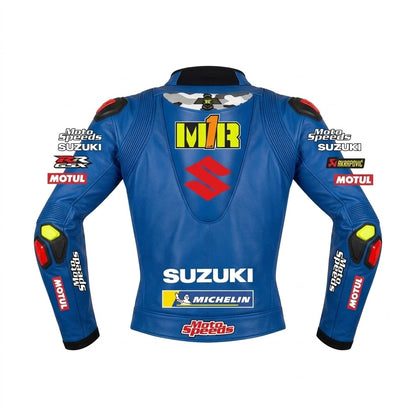 Joan Mir Suzuki GSXR MotoGP racing jacket 2021 front view in blue and silver leather with Ecstar and Monster Energy sponsor logos