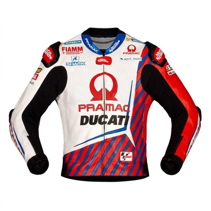 Johann Zarco MotoGP leather racing jacket Ducati 2021 front view in white red and blue leather with Pramac Racing sponsor logos