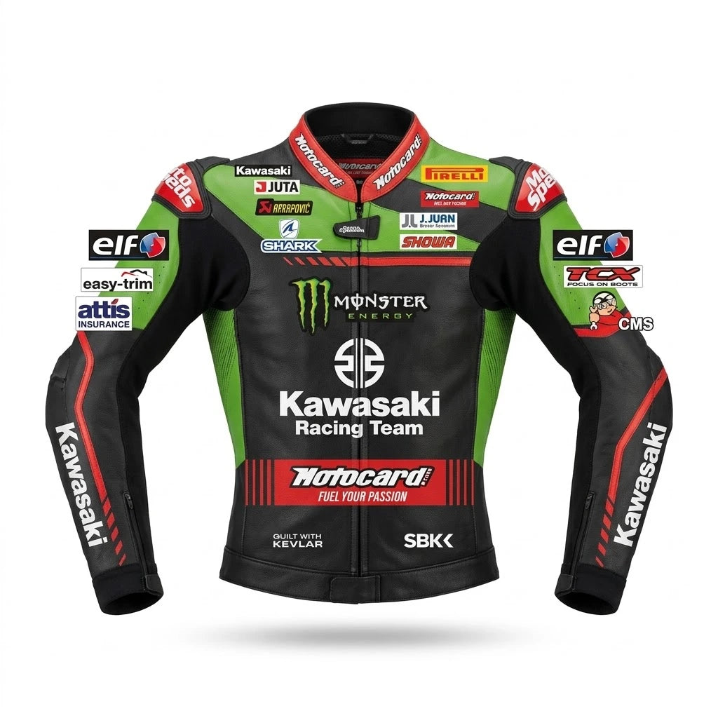 Johann Zarco MotoGP leather racing jacket Ducati 2021 front view in white red and blue leather with Pramac Racing sponsor logos