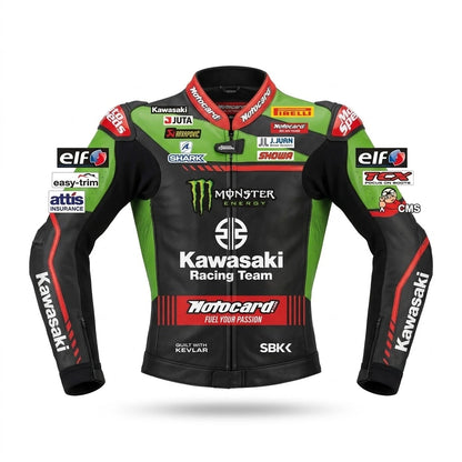 Johann Zarco MotoGP leather racing jacket Ducati 2021 front view in white red and blue leather with Pramac Racing sponsor logos