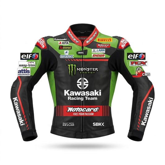 Johann Zarco MotoGP leather racing jacket Ducati 2021 front view in white red and blue leather with Pramac Racing sponsor logos