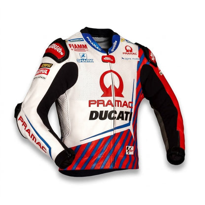 Johann Zarco MotoGP leather racing jacket Ducati 2021 front view in white red and blue leather with Pramac Racing sponsor logos