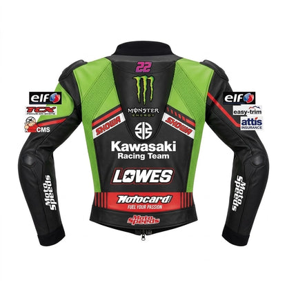 Johann Zarco MotoGP leather racing jacket Ducati 2021 front view in white red and blue leather with Pramac Racing sponsor logos