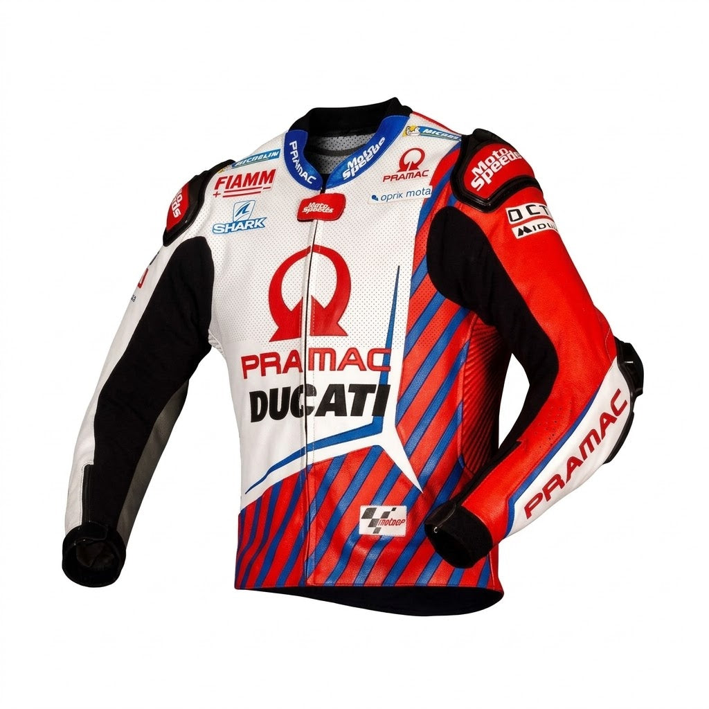 Johann Zarco MotoGP leather racing jacket Ducati 2021 front view in white red and blue leather with Pramac Racing sponsor logos