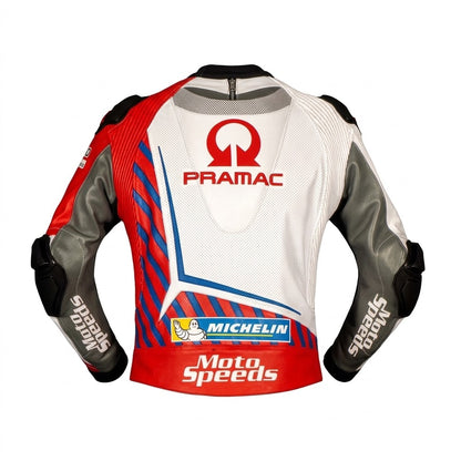 Johann Zarco MotoGP leather racing jacket Ducati 2021 front view in white red and blue leather with Pramac Racing sponsor logos