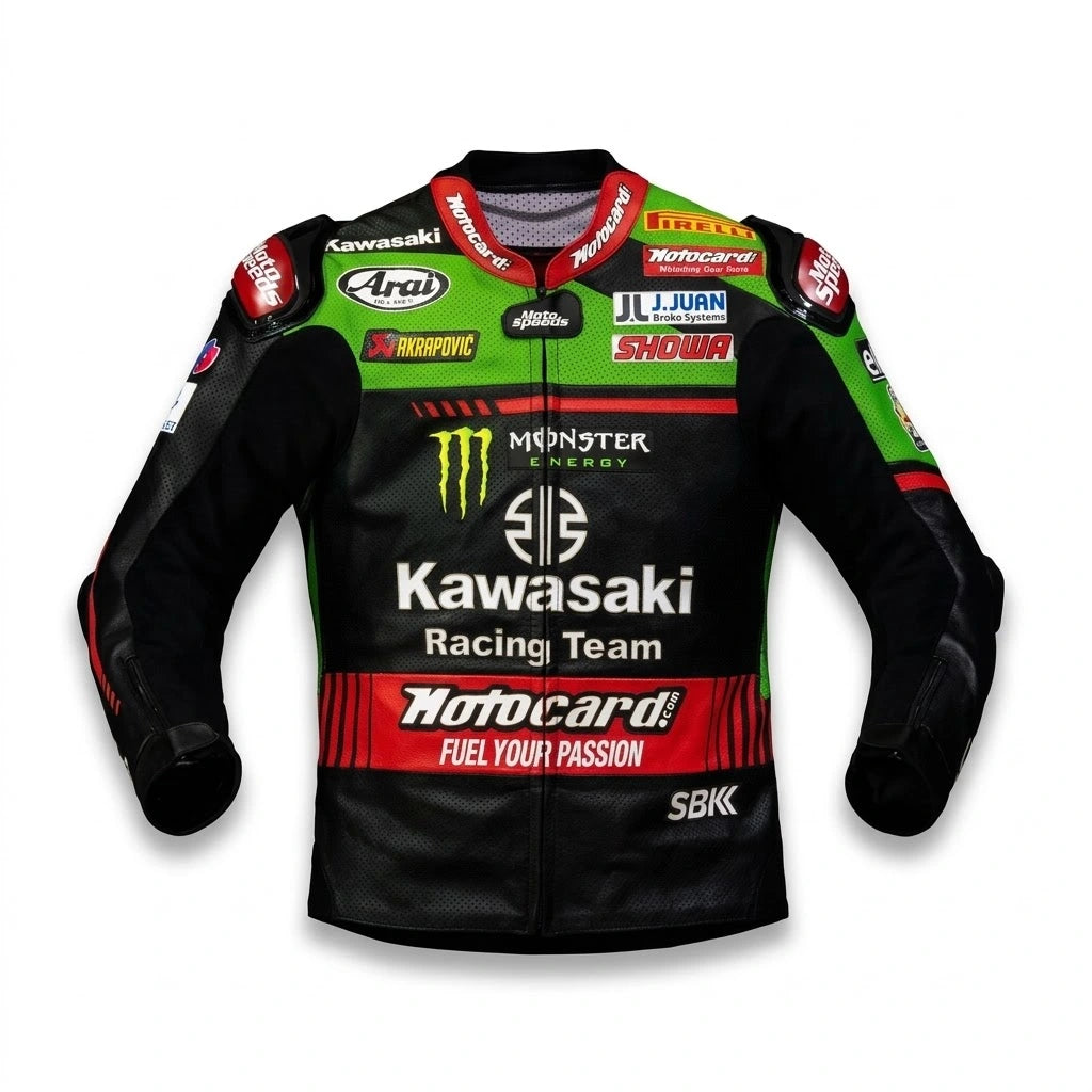 Jonathan Rea WSBK leather racing jacket Kawasaki 2021 front view in green and black leather with Monster Energy and Arai sponsor logos
