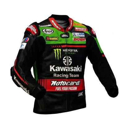 Jonathan Rea WSBK leather racing jacket Kawasaki 2021 front view in green and black leather with Monster Energy and Arai sponsor logos
