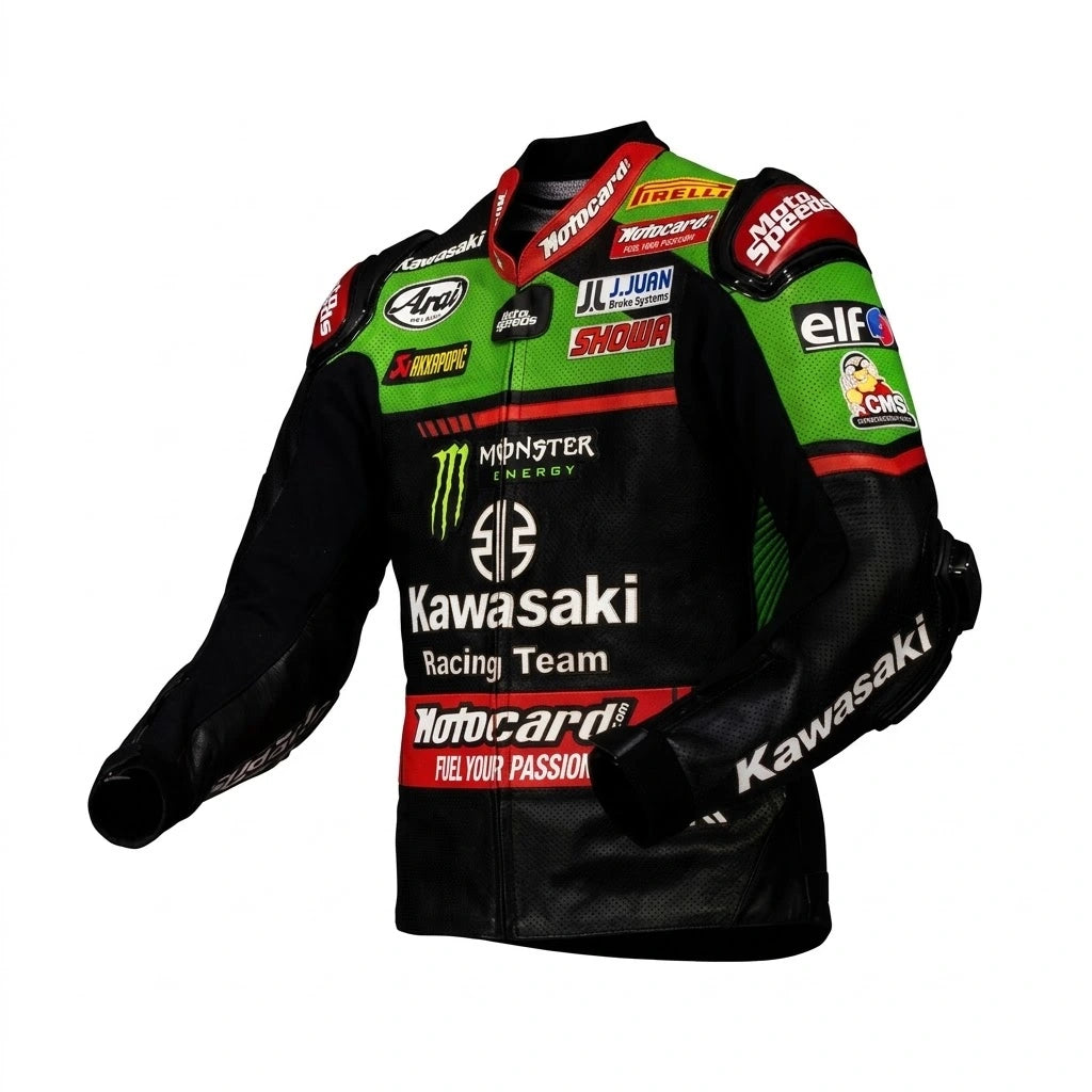 Jonathan Rea WSBK leather racing jacket Kawasaki 2021 front view in green and black leather with Monster Energy and Arai sponsor logos