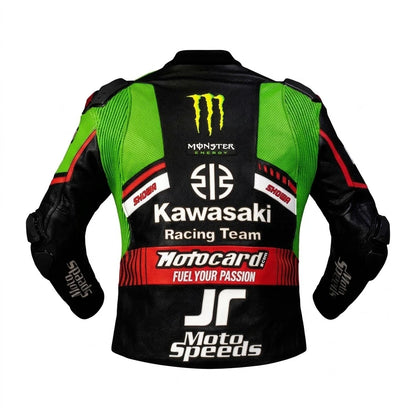 Jonathan Rea WSBK leather racing jacket Kawasaki 2021 front view in green and black leather with Monster Energy and Arai sponsor logos
