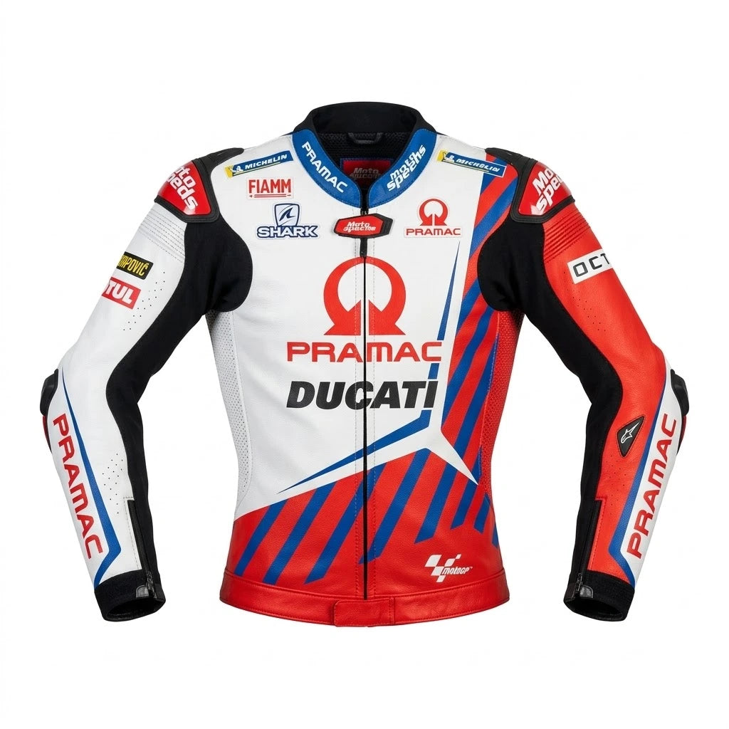 Jorge Martin MotoGP racing jacket Ducati 2021 front view in white red and blue leather with Pramac Racing sponsor logos