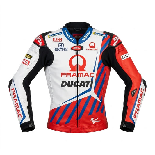 Jorge Martin MotoGP racing jacket Ducati 2021 front view in white red and blue leather with Pramac Racing sponsor logos