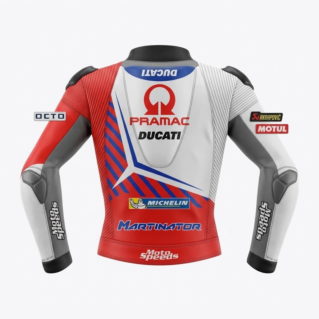 Jorge Martin MotoGP racing jacket Ducati 2021 front view in white red and blue leather with Pramac Racing sponsor logos