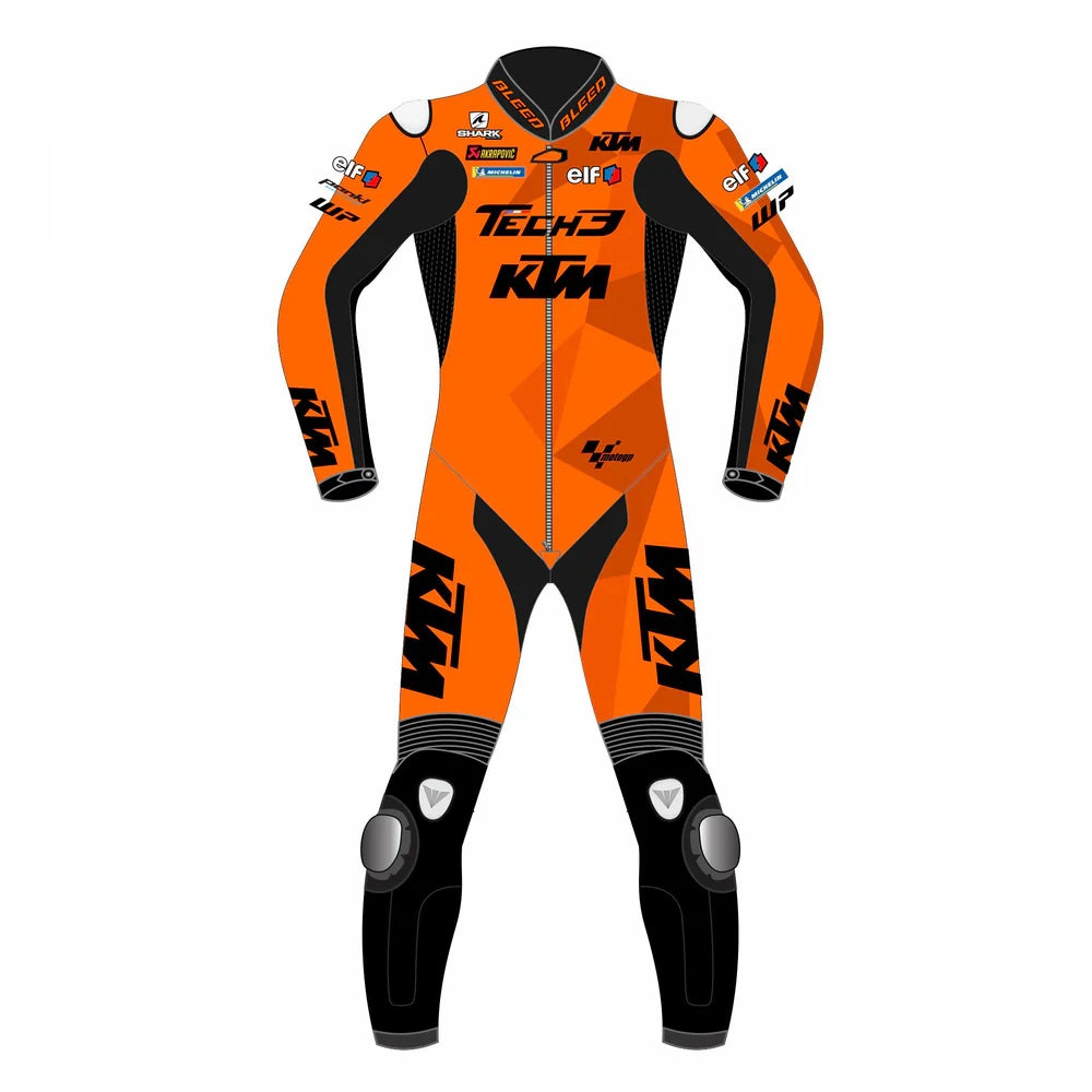 KTM Tech3 2022 MotoGP leather racing suit front view showing orange and black livery with stretch panels