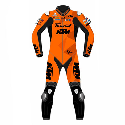 KTM Tech3 2022 MotoGP leather racing suit front view showing orange and black livery with stretch panels