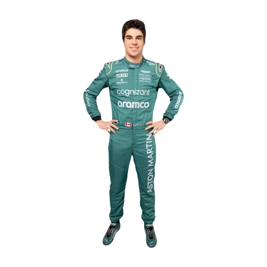 Front view of Lance Stroll 2022 Canadian GP Aston Martin inspired go-kart racing suit in green with lime accents.