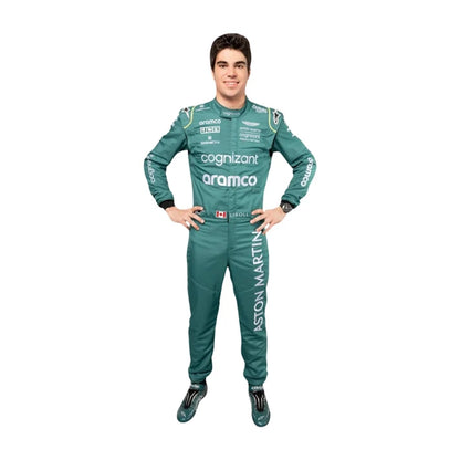 Front view of Lance Stroll 2022 Canadian GP Aston Martin inspired go-kart racing suit in green with lime accents.