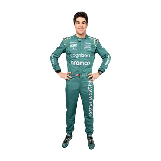 Front view of Lance Stroll 2022 Canadian GP Aston Martin inspired go-kart racing suit in green with lime accents.