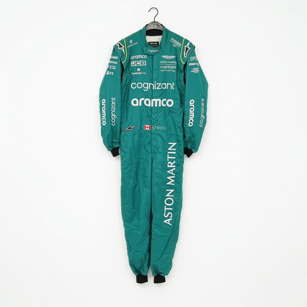 Front view of Lance Stroll 2022 Canadian GP Aston Martin inspired go-kart racing suit in green with lime accents.